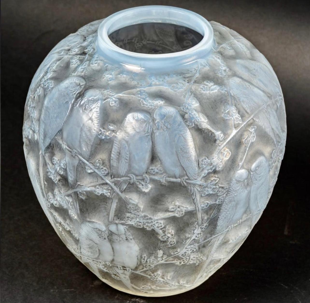 Art Deco 1919 Rene Lalique Perruches Vase Double Cased Opalescent Glass with Grey Patina