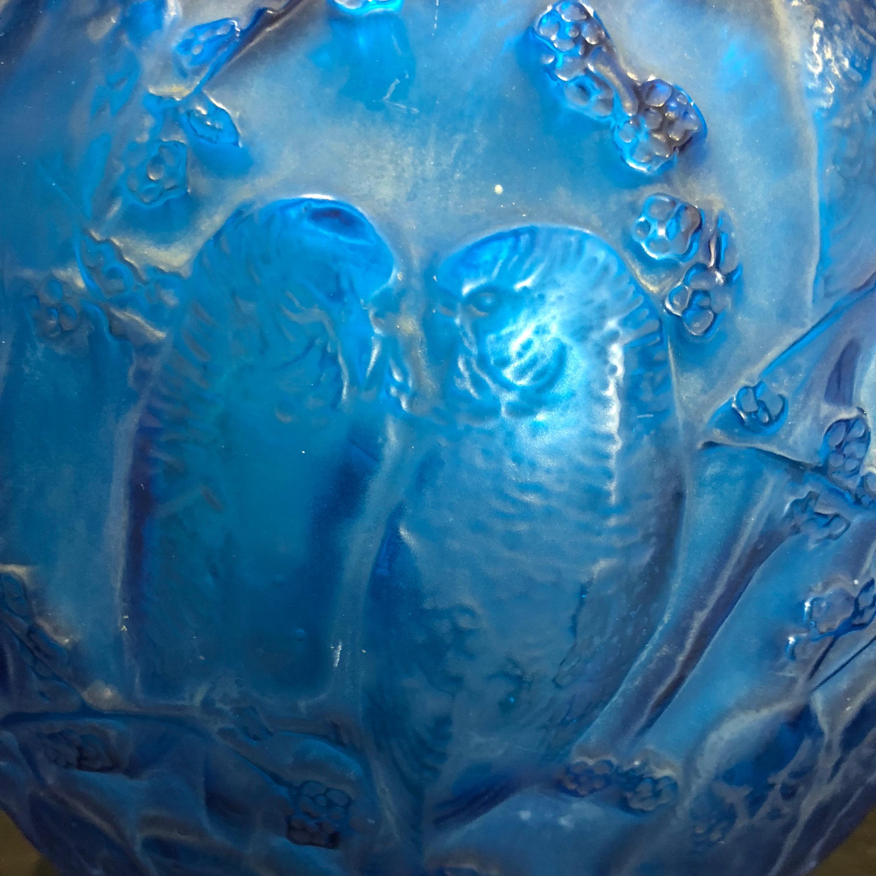 Molded 1919 Rene Lalique Perruches Vase Electric Blue Glass, Parrots