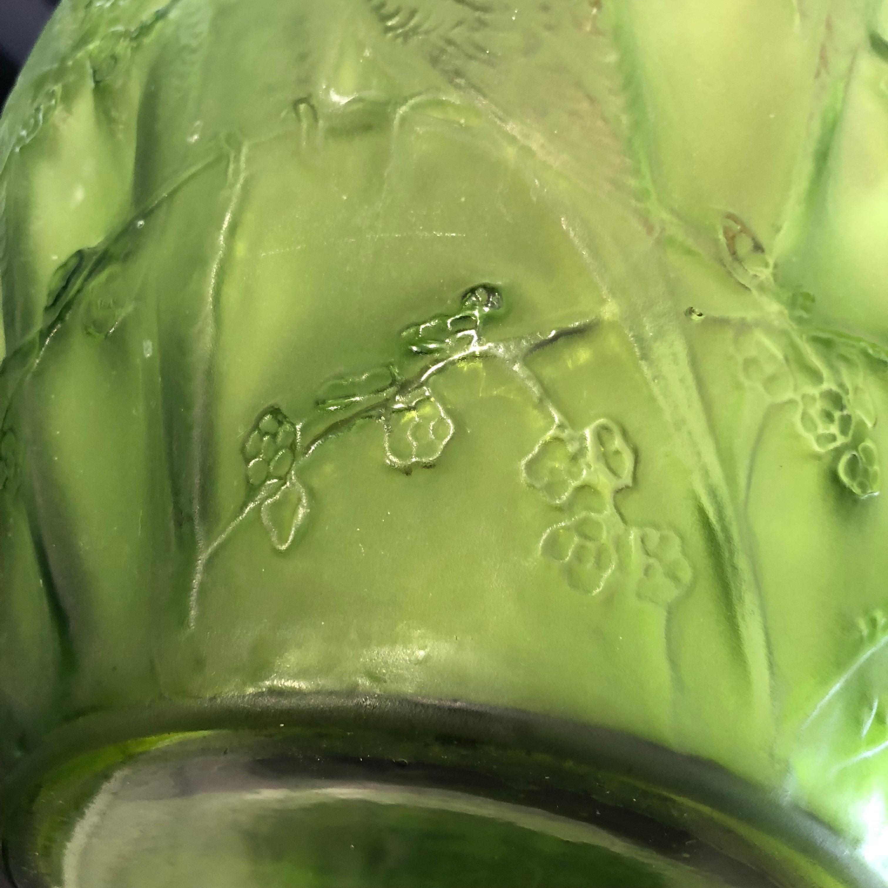 Molded 1919 Rene Lalique Perruches Vase Lime Green Glass, Parrots