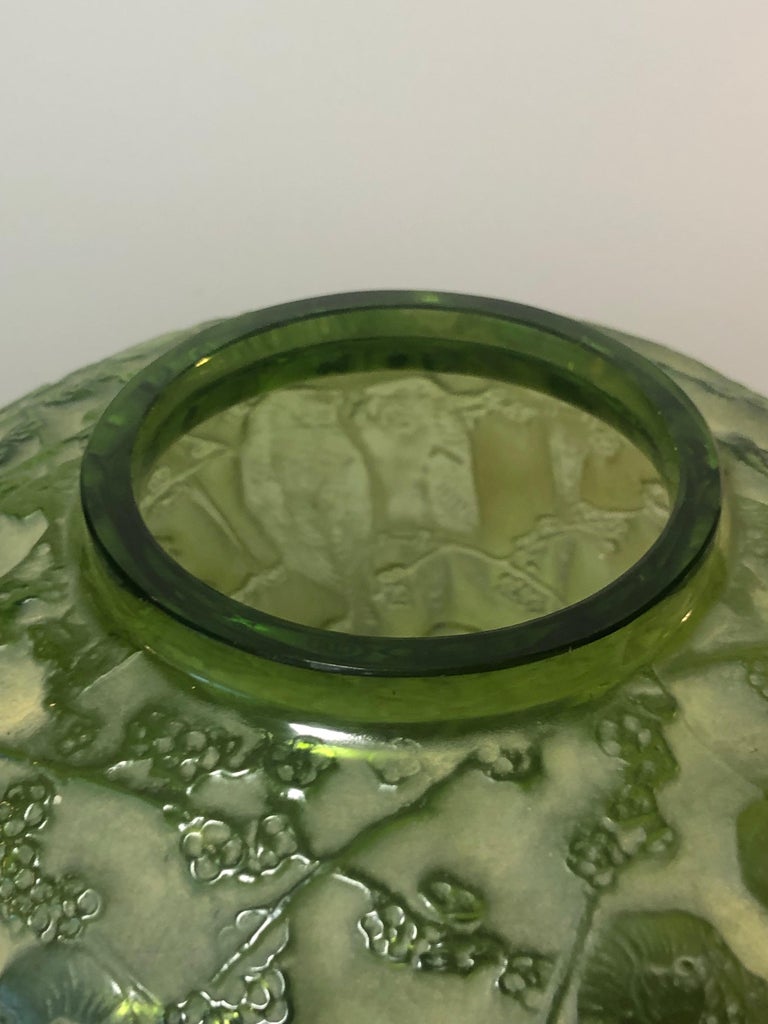 1919 Rene Lalique Perruches Vase Staines Lime Green Glass, Parrots at