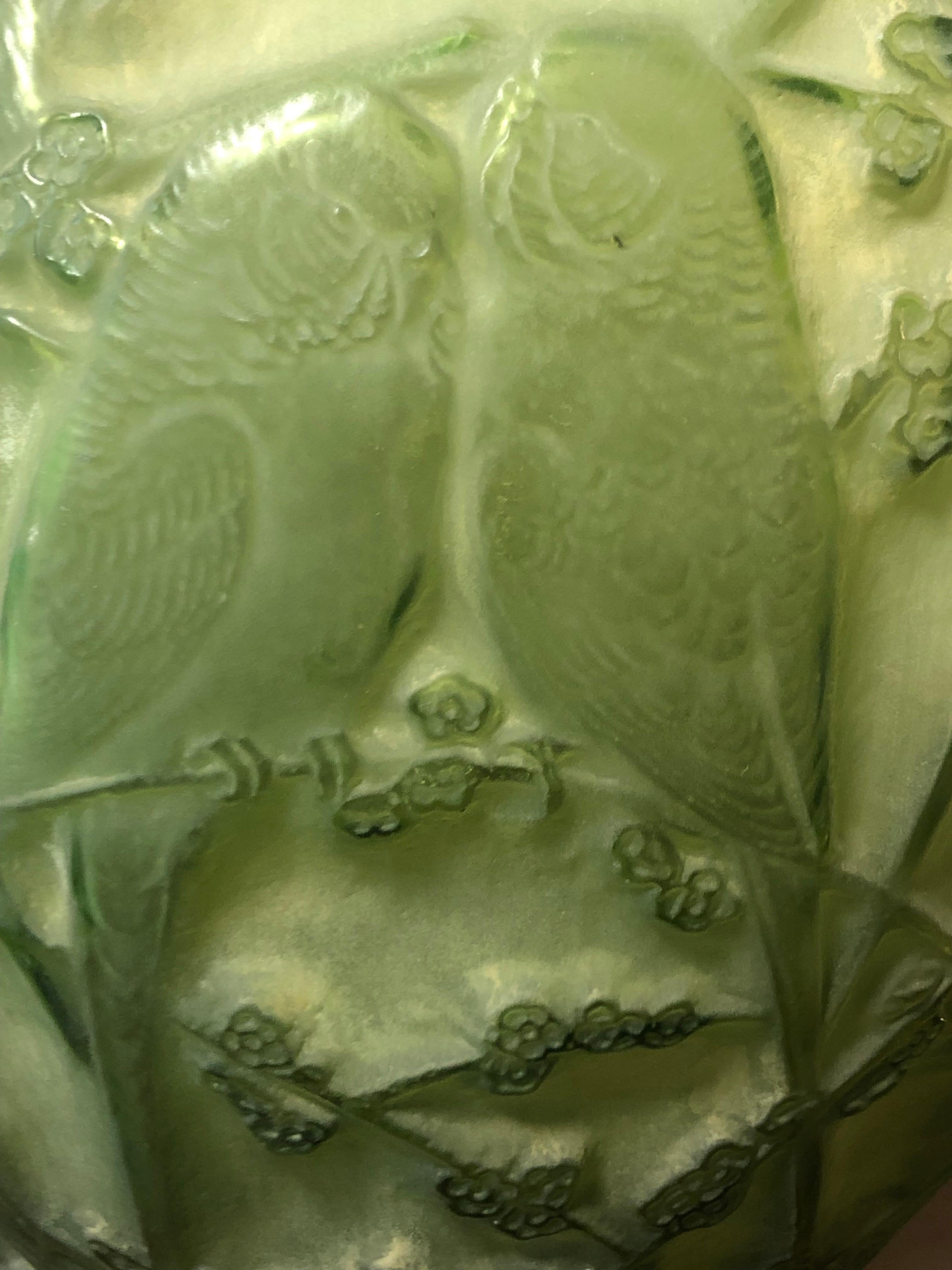 French 1919 Rene Lalique Perruches Vase Staines Lime Green Glass, Parrots