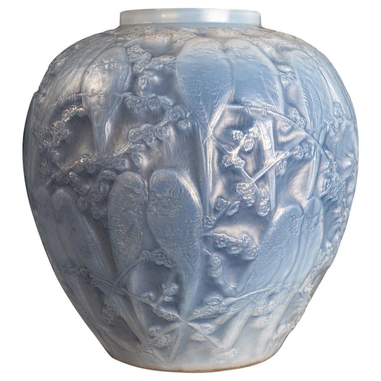 1919 Rene Lalique Perruches Vase Triple Cased Opalescent Glass with Blue  Patina at 1stDibs