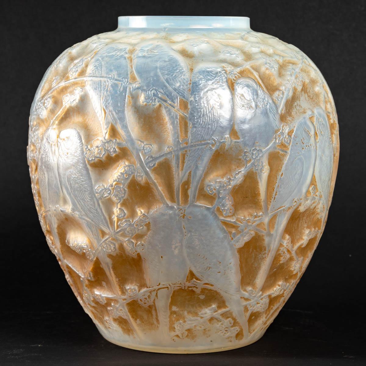 French 1919 Rene Lalique Perruches Vase Triple Cased Opalescent Glass with Sepia Patina