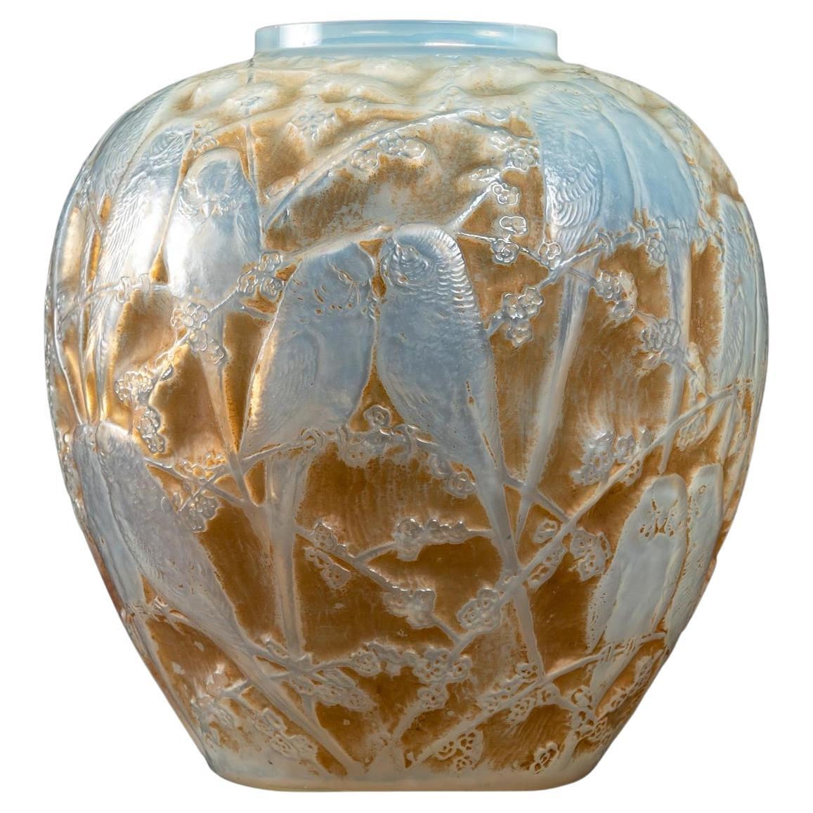 1919 Rene Lalique Perruches Vase Triple Cased Opalescent Glass with Sepia Patina