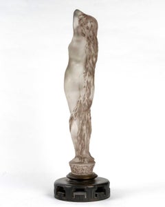 1919 René Lalique Statue Grande Nue Lierre Glass with Sepia Patina Wooden Base