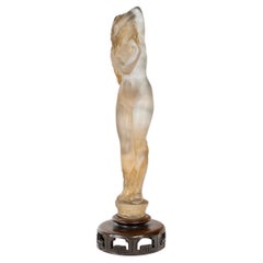1919 René Lalique Statue Grande Nue Lierre Glass with Sepia Patina Wooden Base