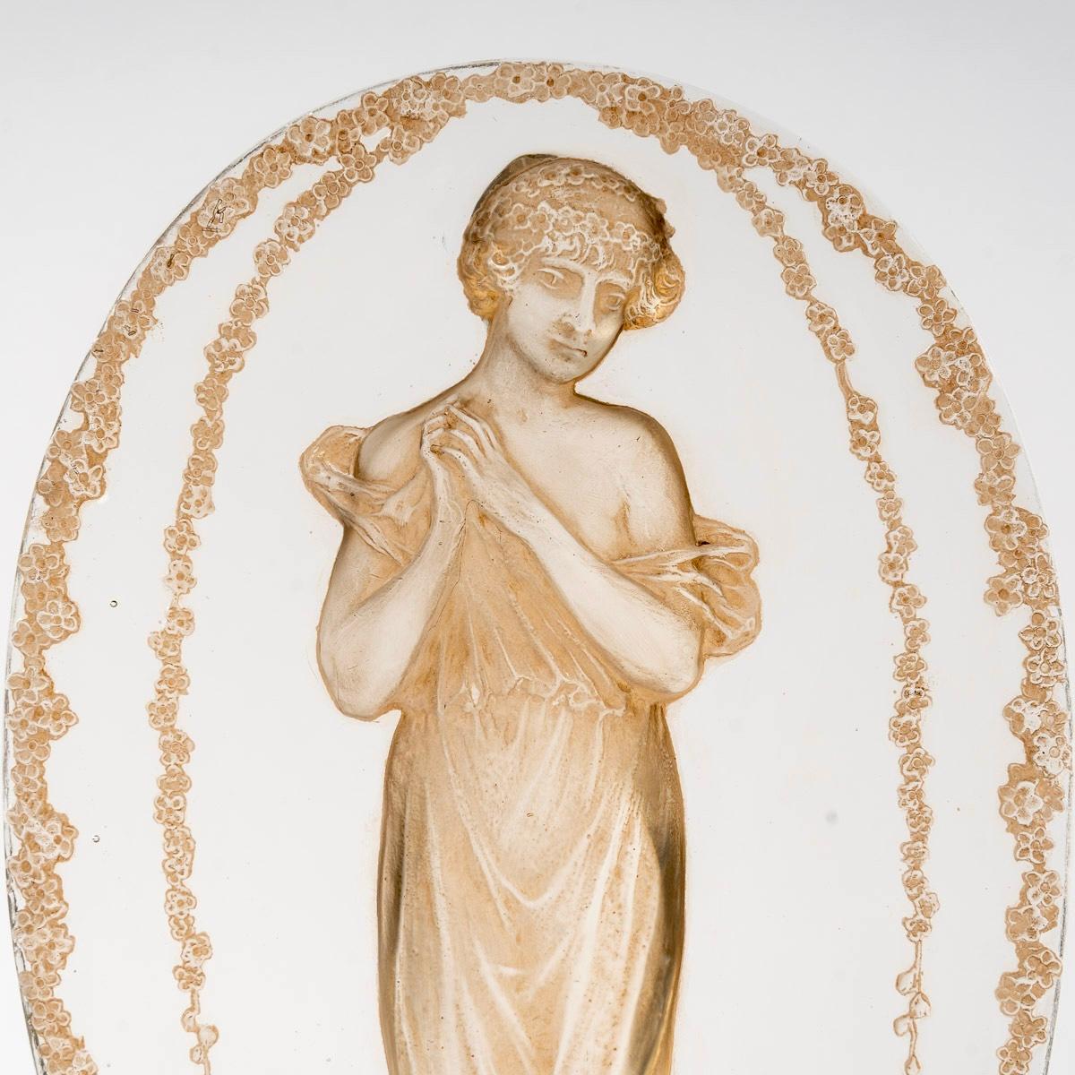 1919 René Lalique Statuette Grande Ovale Tete Penchee Frau Glas Sepia Patina (Europäisch) im Angebot