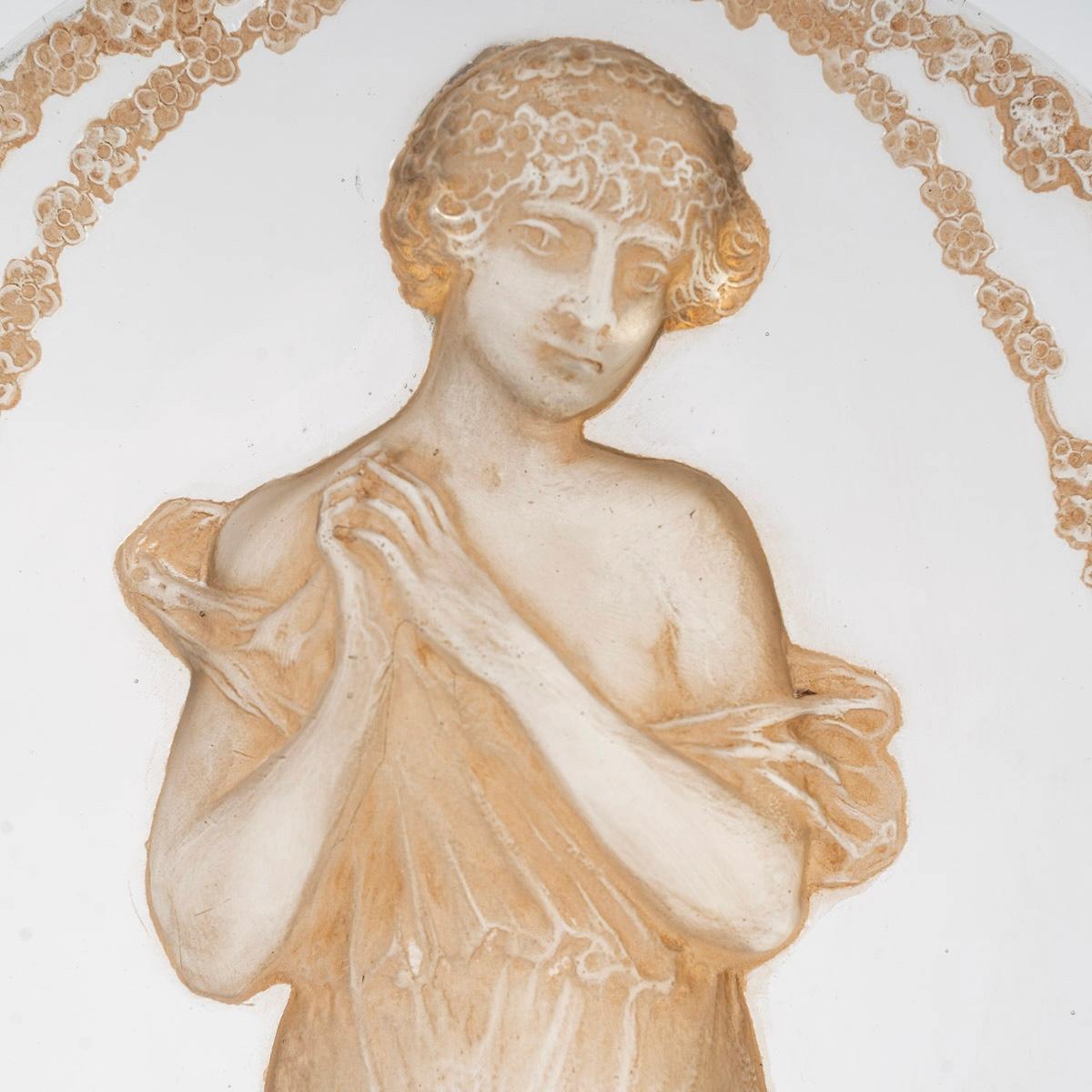 1919 René Lalique Statuette Grande Ovale Tete Penchee Frau Glas Sepia Patina (Geformt) im Angebot