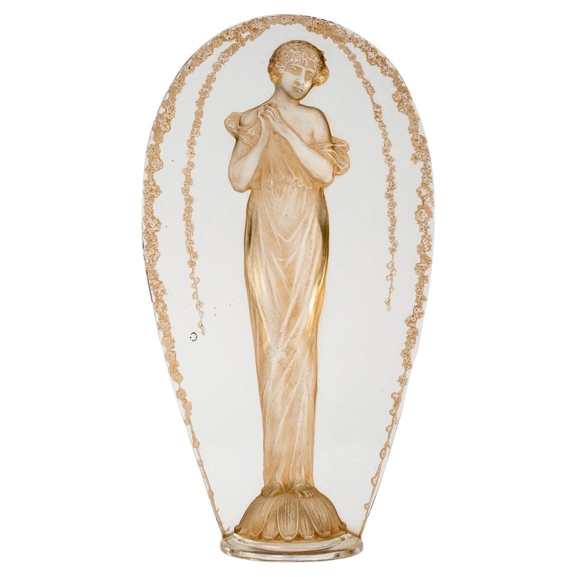 1919 René Lalique Statuette Grande Ovale Tete Penchee Frau Glas Sepia Patina im Angebot