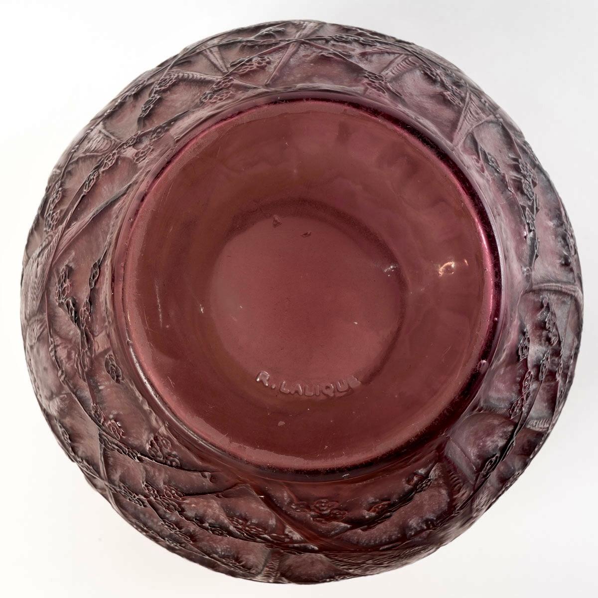 French 1919 René Lalique, Vase Perruches Amethyst Plum Glass with White Patina