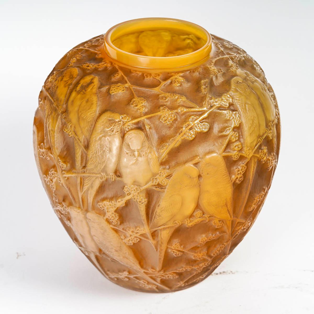 Art Deco 1919 Rene Lalique Vase Perruches Cased Butterscotch Glass with Sepia Patina For Sale