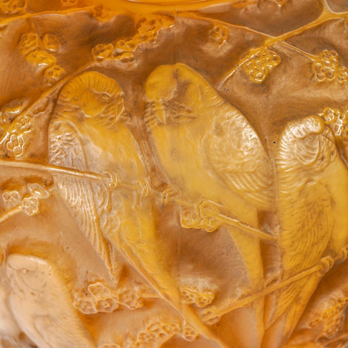French 1919 Rene Lalique Vase Perruches Cased Butterscotch Glass with Sepia Patina For Sale