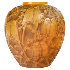 Antique 1919 Rene Lalique Vase Perruches Cased Butterscotch Glass with Sepia Patina