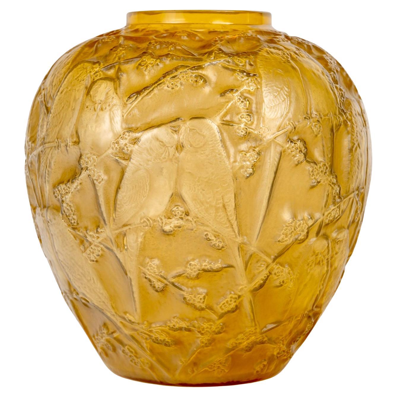 1919 Rene Lalique Vase Perruches Cased Butterscotch Glass with Sepia Patina