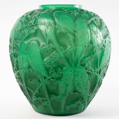 1919 René Lalique - Vase Perruches Cased Jade Green Glass With Grey Patina