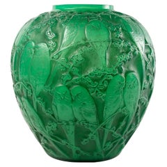 1919 René Lalique - Vase Perruches Überfangenes Jadegrünes Glas Mit Grauer Patina