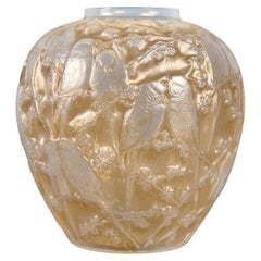 1919 Rene Lalique Vase Perruches Cased Opalescent Glass Sepia Patina