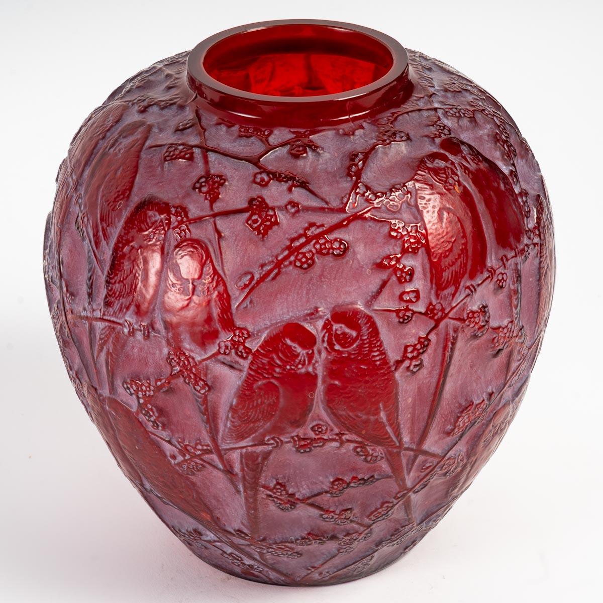Art Deco 1919 Rene Lalique, Vase Perruches Cased Red Glass with White Patina
