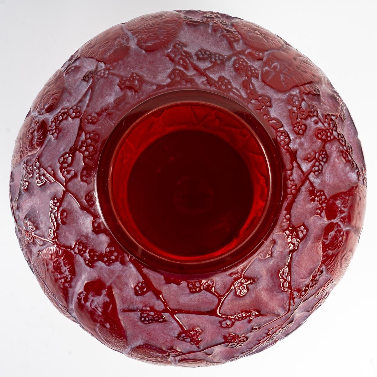 French 1919 Rene Lalique, Vase Perruches Cased Red Glass with White Patina
