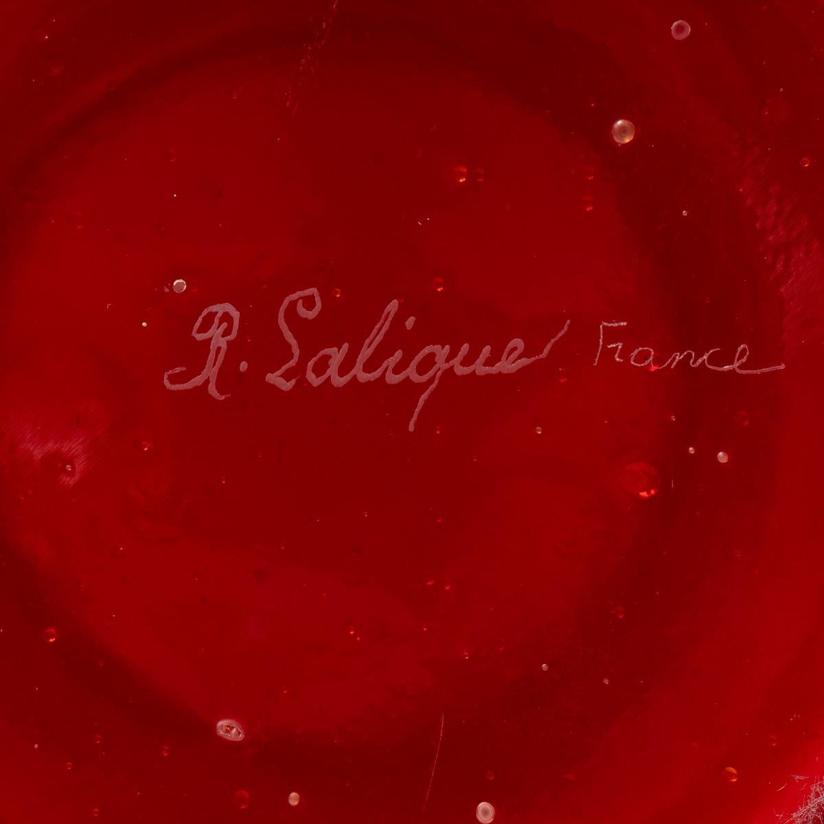 Molded 1919 Rene Lalique, Vase Perruches Cased Red Glass with White Patina
