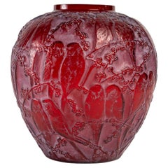 1919 Rene Lalique, Vase Perruches Cased Red Glass with White Patina