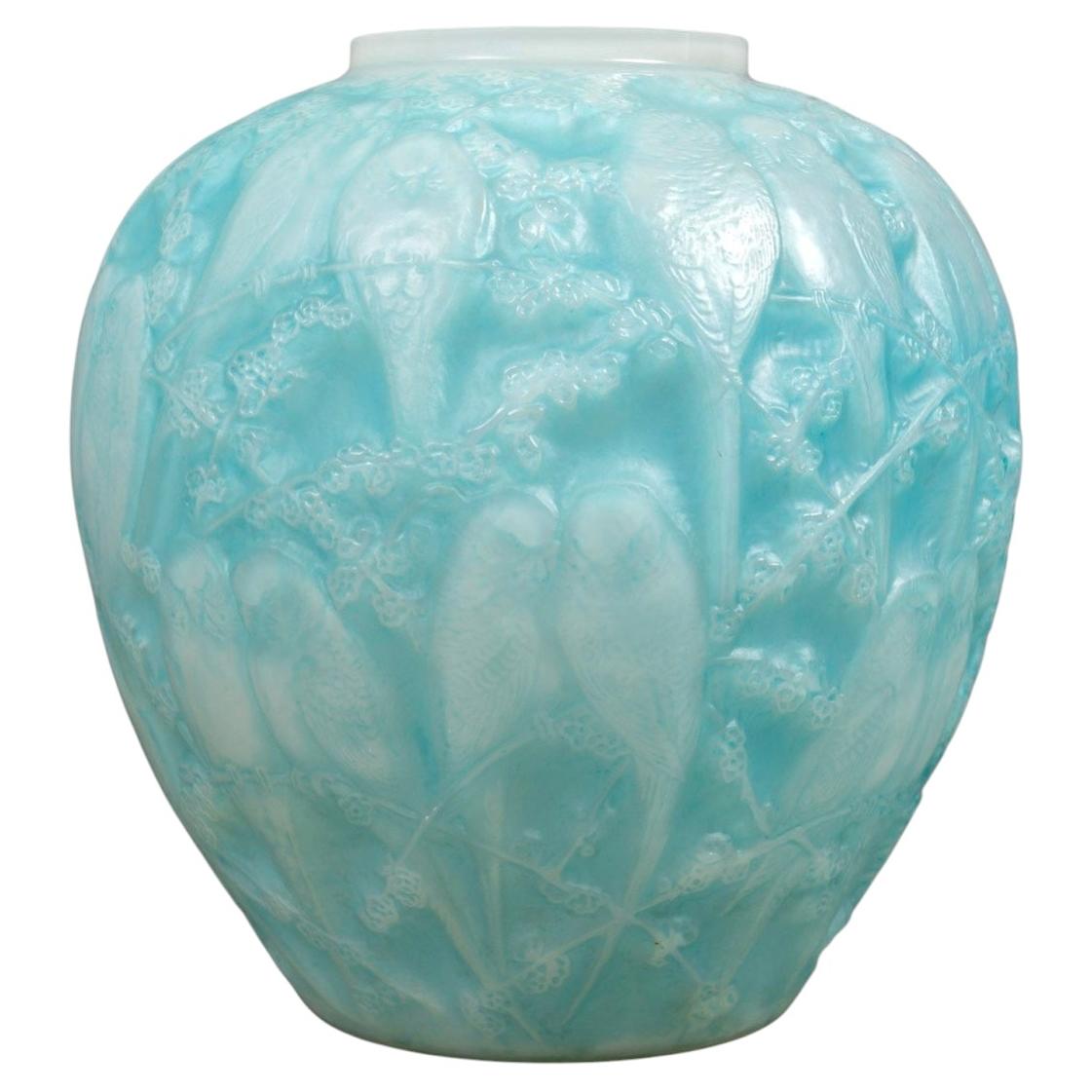 1919 Rene Lalique Vase Perruches Cased White Opalescent Glass Blue Patina