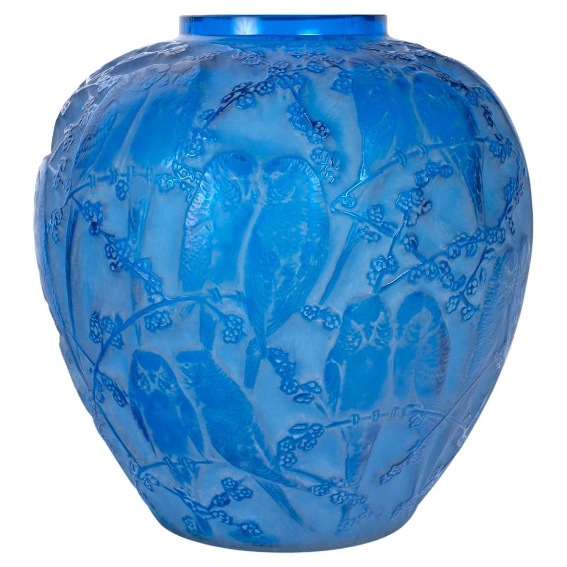 1919 René Lalique, Vase Perruches Electric Blue Glass with White Patina