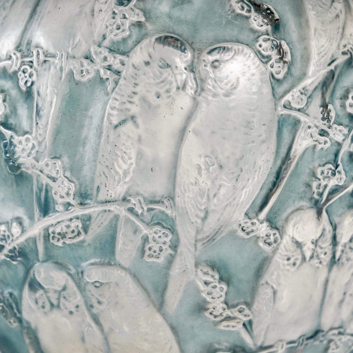 Molded 1919 René Lalique, Vase Perruches Frosted Glass with Blue Patina
