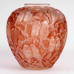 1919 Rene Lalique Vase Perruches Glass with Coral Pinky Patina