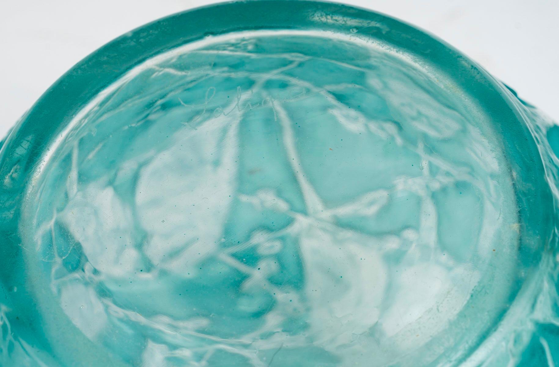 Molded 1919 René Lalique - Vase Perruches Parrots Glass With Turquoise Patina