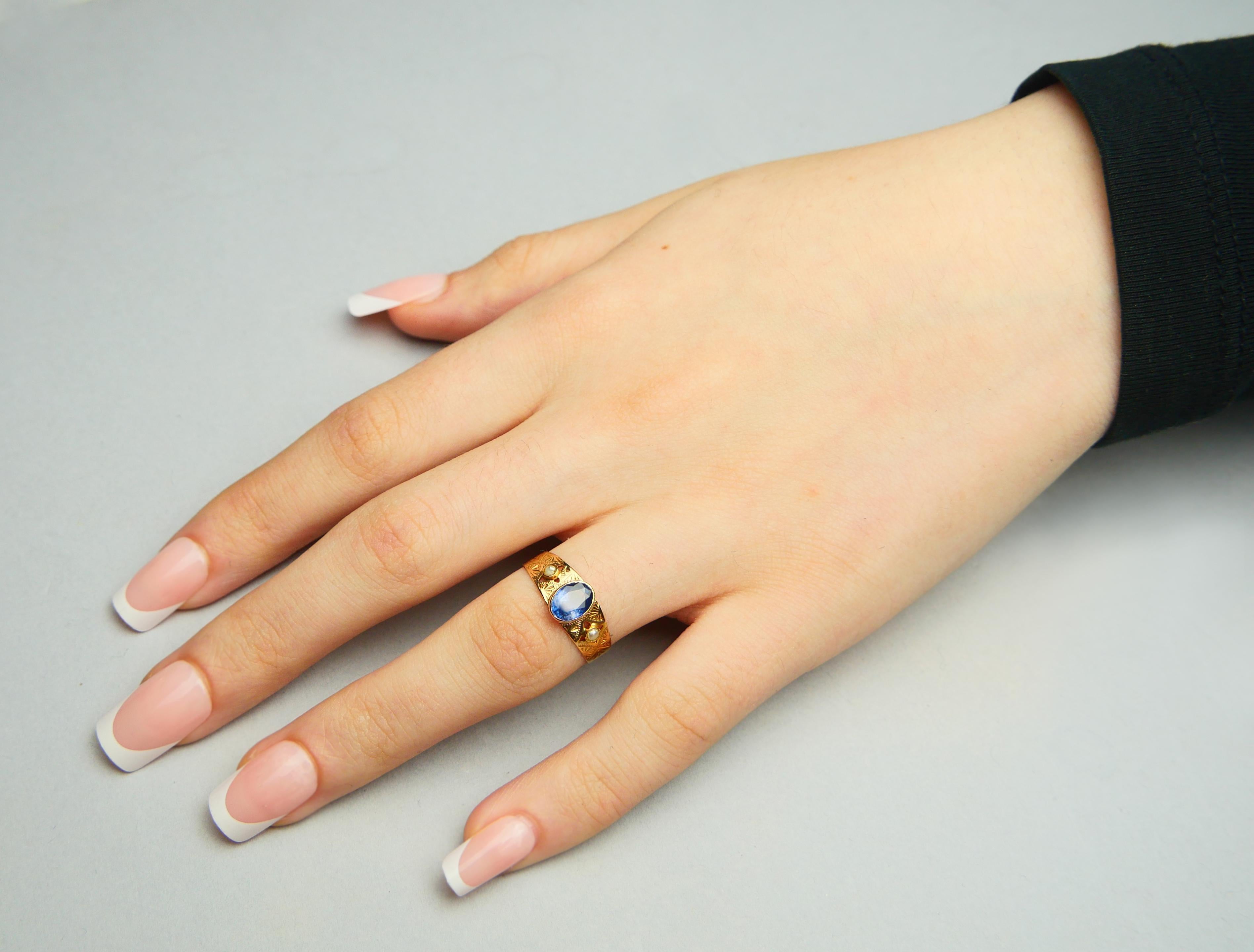 1919 Bague naturelle 1ct Saphir Bleu Perles or massif 18K Ø US7 / 1.6 gr en vente 5