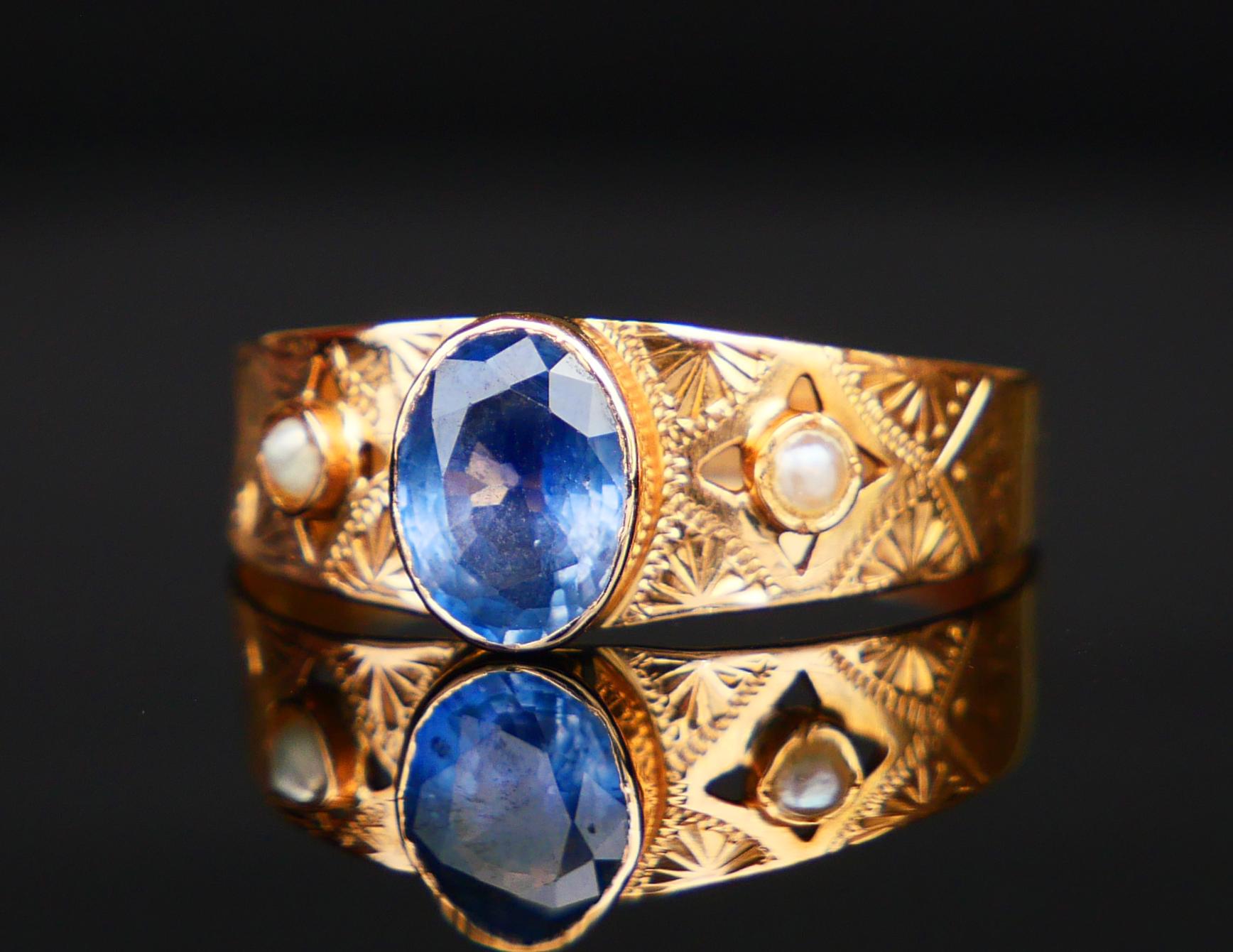 1919 Ring natürlich 1ct Blauer Saphir Perlen massiv 18K Gold Ø US7 / 1.6 gr (Art déco) im Angebot