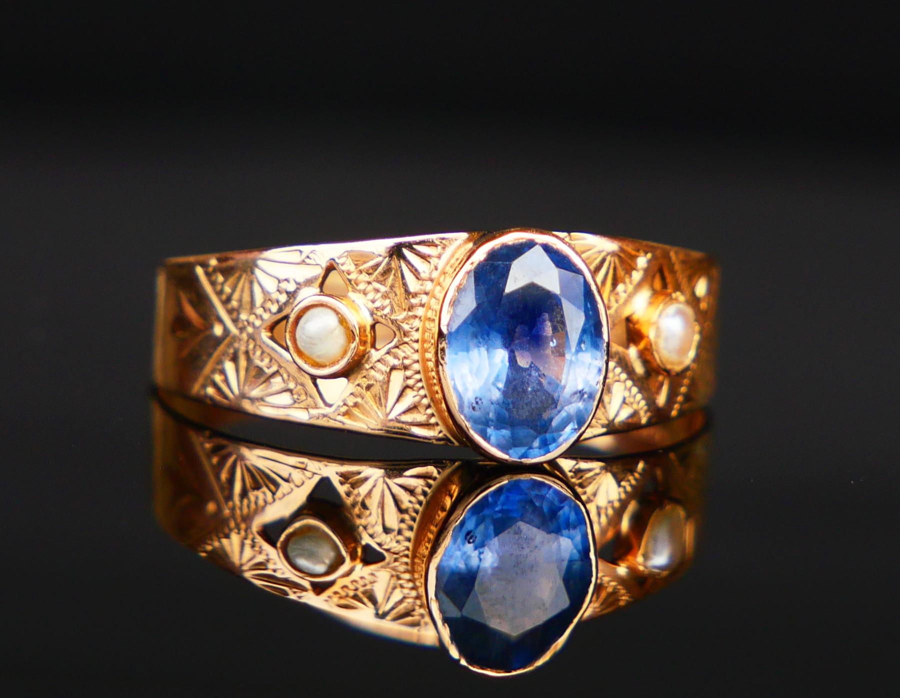 1919 Ring natürlich 1ct Blauer Saphir Perlen massiv 18K Gold Ø US7 / 1.6 gr Damen im Angebot