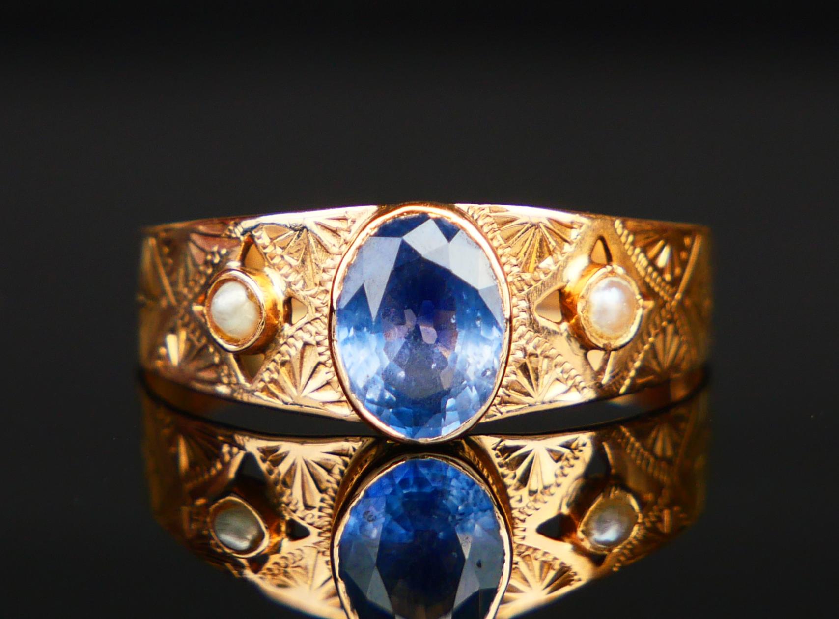 1919 Ring natürlich 1ct Blauer Saphir Perlen massiv 18K Gold Ø US7 / 1.6 gr im Angebot 1