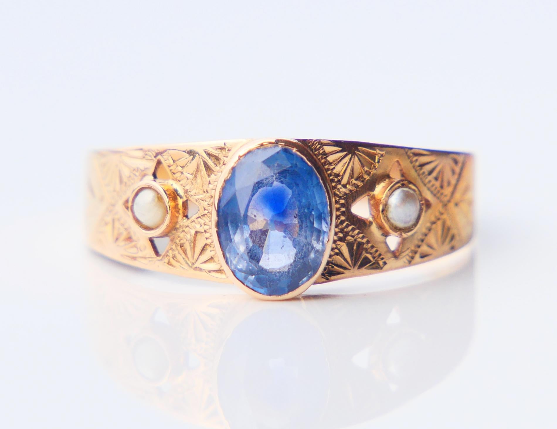 1919 Ring natürlich 1ct Blauer Saphir Perlen massiv 18K Gold Ø US7 / 1.6 gr im Angebot 2