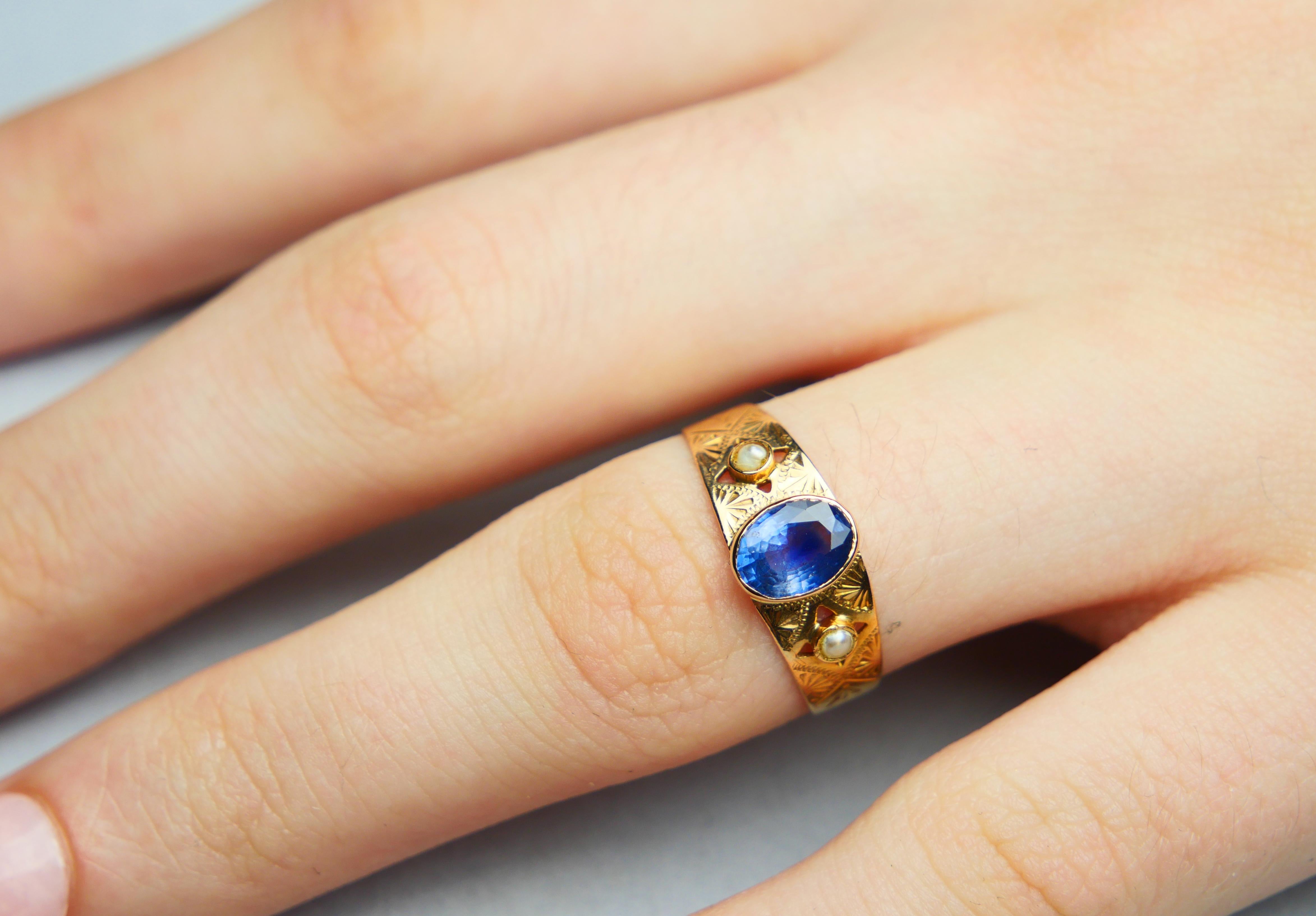 1919 Bague naturelle 1ct Saphir Bleu Perles or massif 18K Ø US7 / 1.6 gr en vente 2