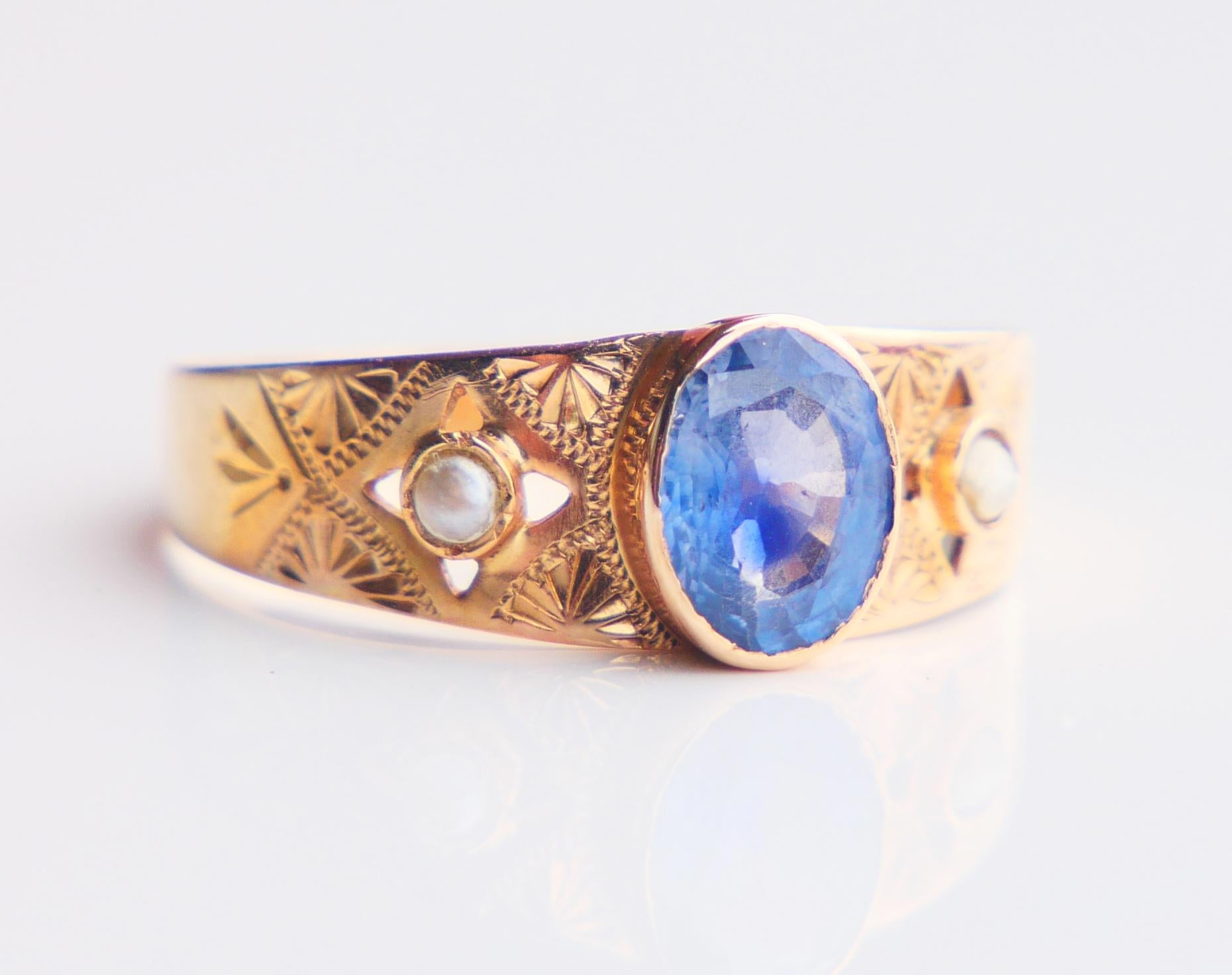 1919 Ring natürlich 1ct Blauer Saphir Perlen massiv 18K Gold Ø US7 / 1.6 gr im Angebot 3