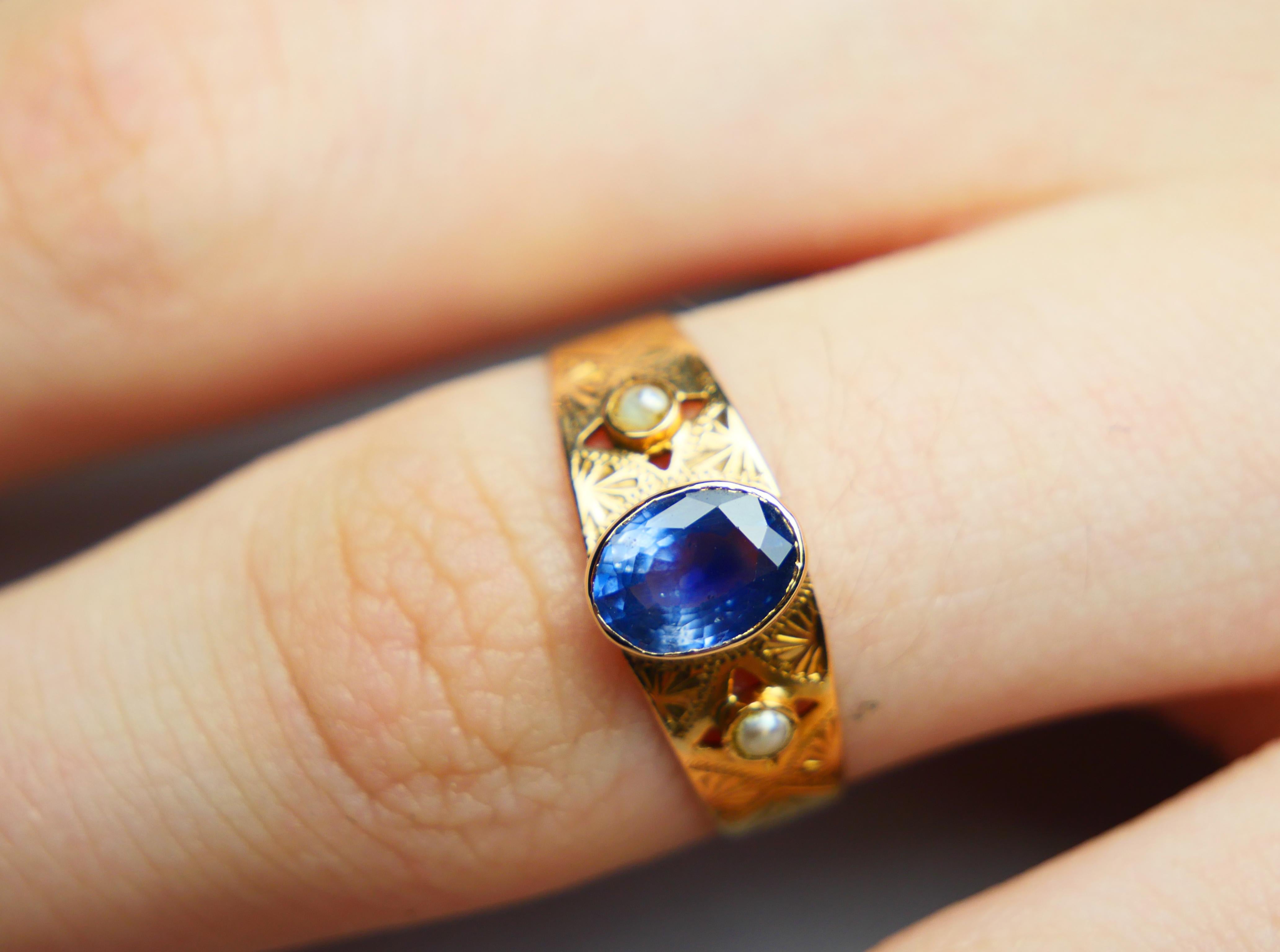 1919 Bague naturelle 1ct Saphir Bleu Perles or massif 18K Ø US7 / 1.6 gr en vente 3
