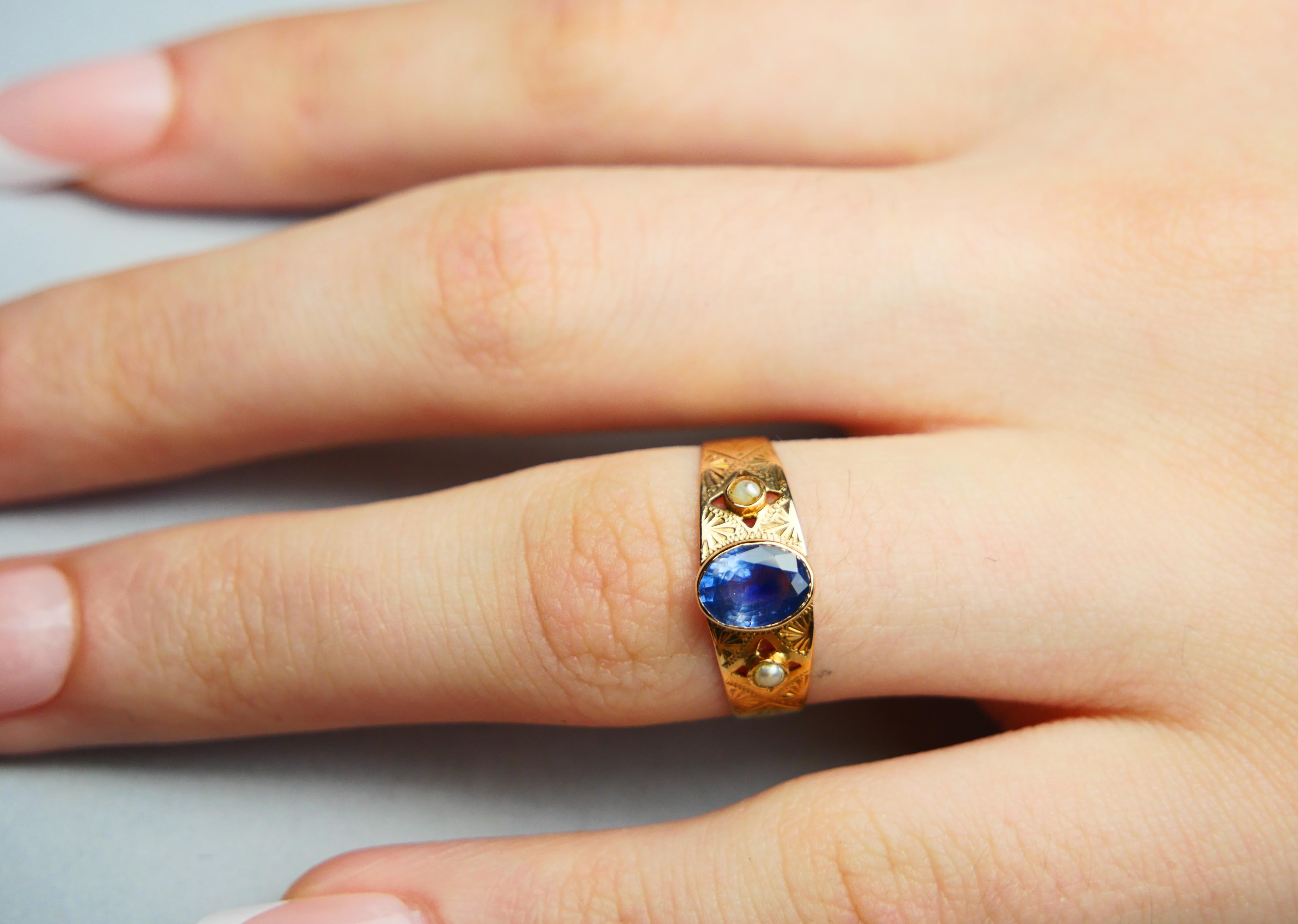 1919 Bague naturelle 1ct Saphir Bleu Perles or massif 18K Ø US7 / 1.6 gr en vente 4