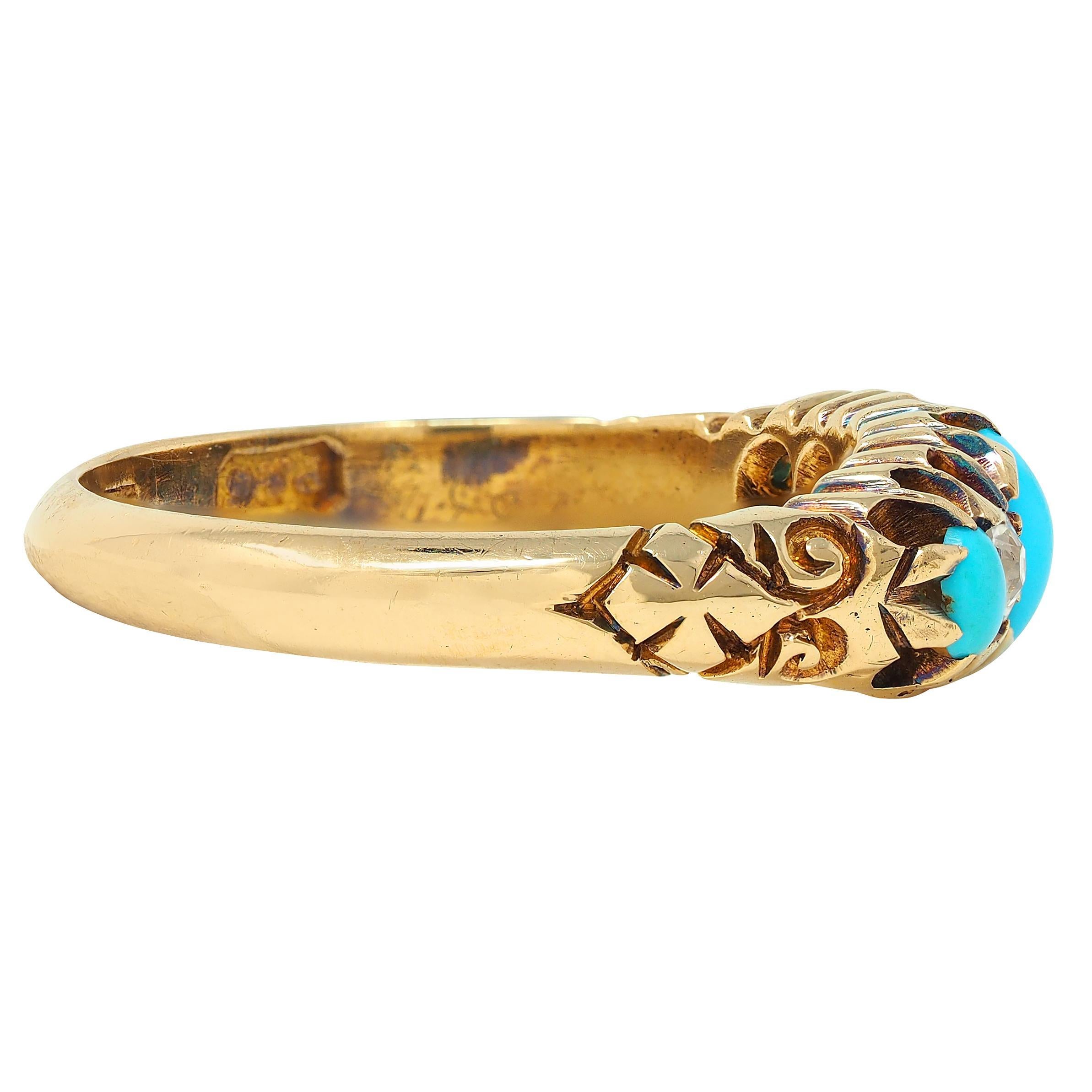 Édouardien Bague ancienne à cinq pierres en or jaune 18 carats avec turquoise et diamants, 1919 en vente