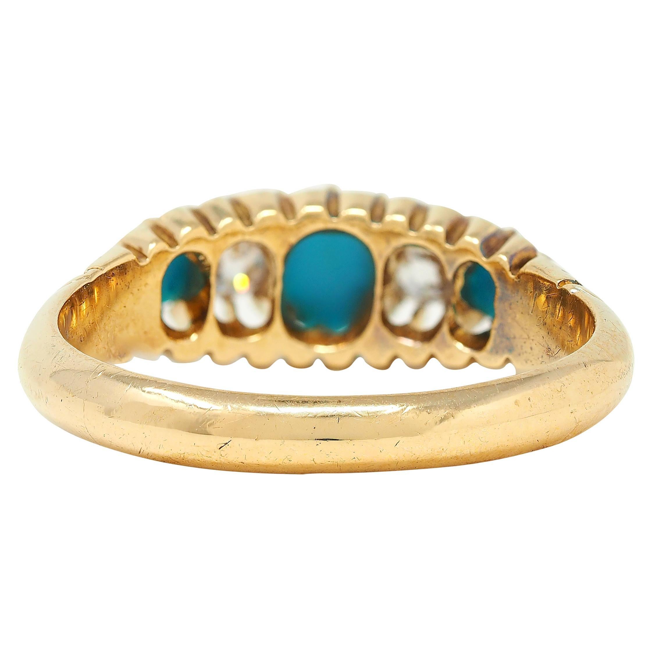 Taille vieille Europe Bague ancienne à cinq pierres en or jaune 18 carats avec turquoise et diamants, 1919 en vente