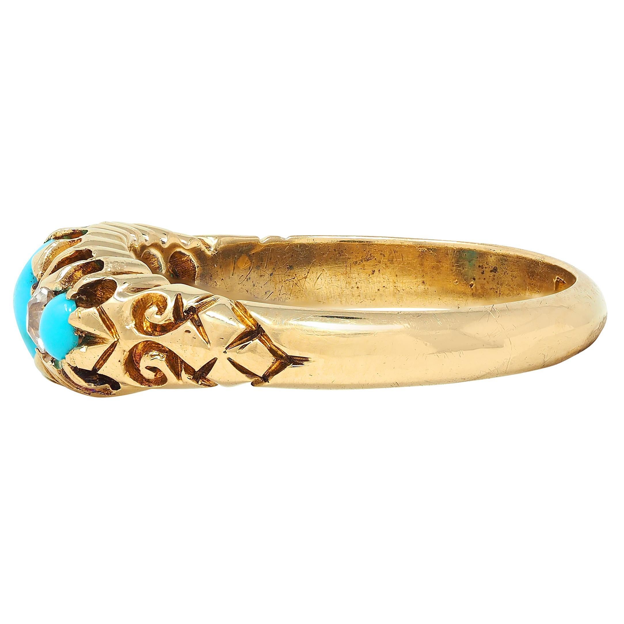 Bague ancienne à cinq pierres en or jaune 18 carats avec turquoise et diamants, 1919 Excellent état - En vente à Philadelphia, PA