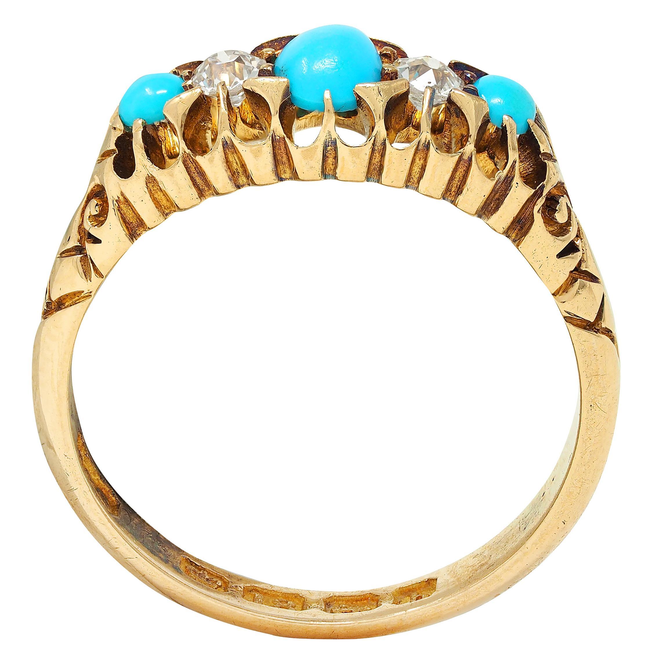 Bague ancienne à cinq pierres en or jaune 18 carats avec turquoise et diamants, 1919 Unisexe en vente
