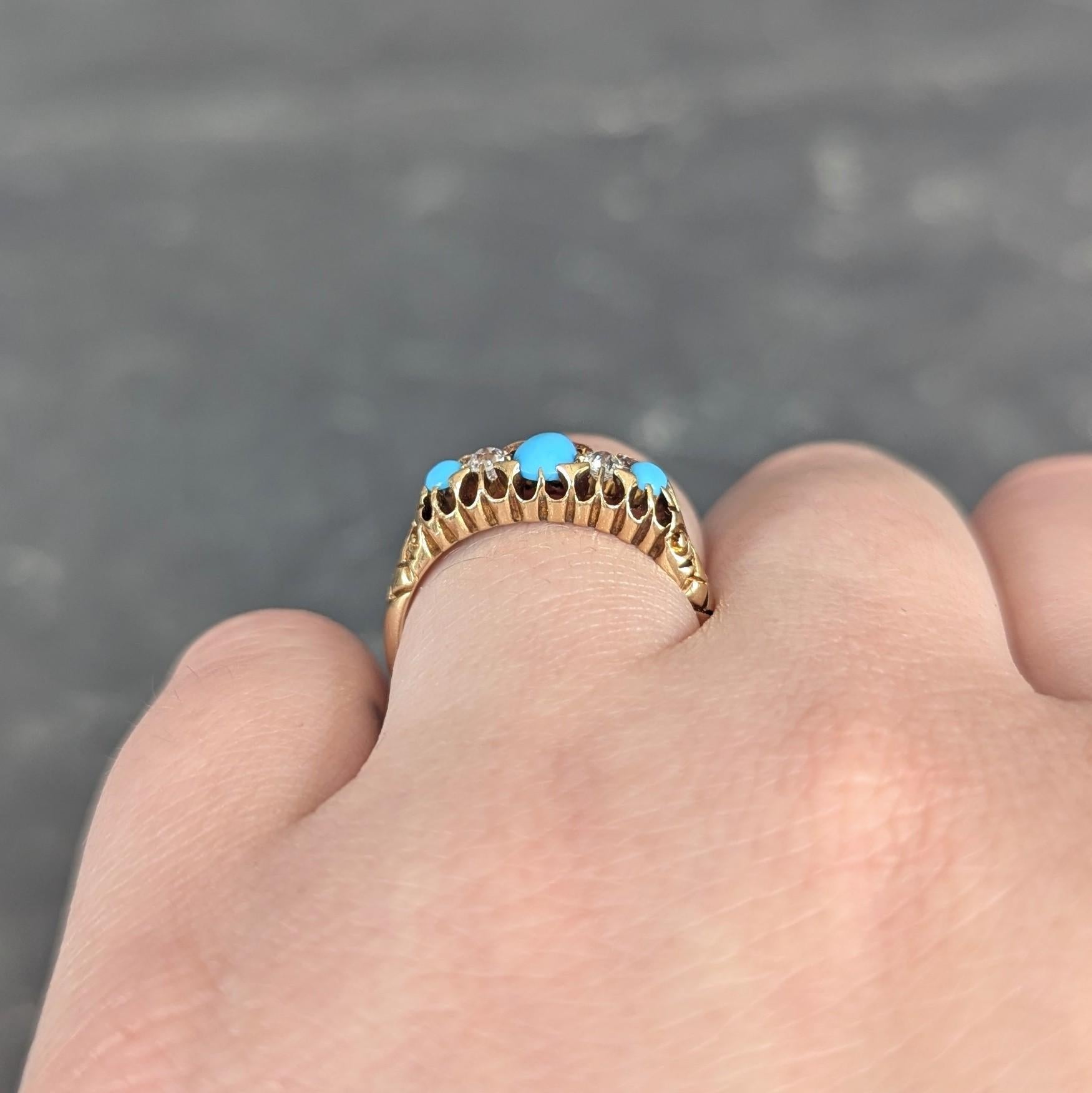 Bague ancienne à cinq pierres en or jaune 18 carats avec turquoise et diamants, 1919 en vente 3