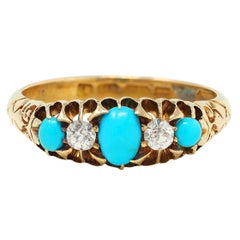 1919 Turchese diamante oro giallo 18 carati Anello antico a cinque pietre