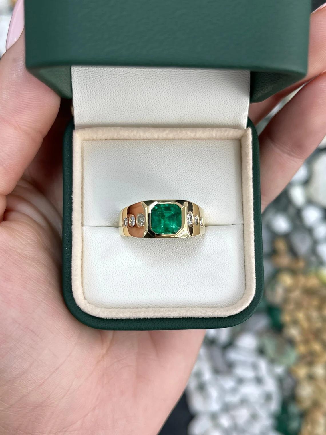 Contemporary 1.91ct 18K AAA Asscher Colombian Emerald & Round Diamond 7 Stone Unisex Gold Rin For Sale