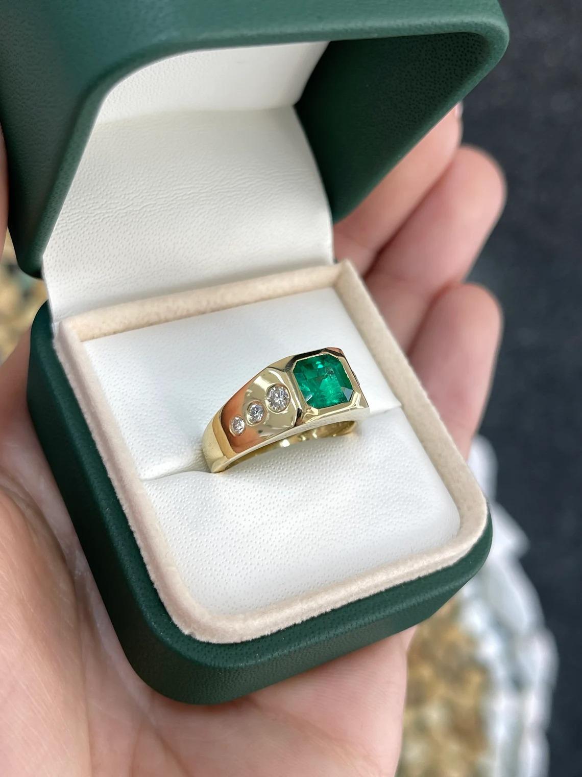 Asscher Cut 1.91ct 18K AAA Asscher Colombian Emerald & Round Diamond 7 Stone Unisex Gold Rin For Sale
