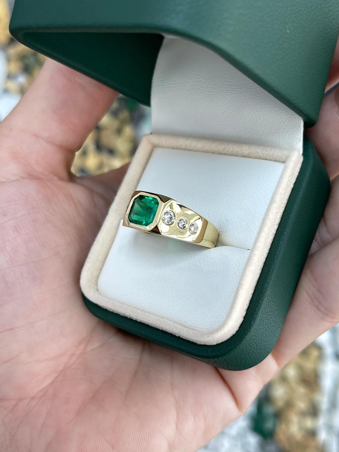 1.91ct 18K AAA Asscher Colombian Emerald & Round Diamond 7 Stone Unisex Gold Rin In New Condition For Sale In Jupiter, FL