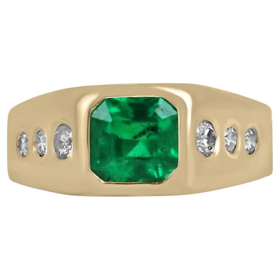 1.91ct 18K AAA Asscher Colombian Emerald & Round Diamond 7 Stone Unisex Gold Rin For Sale