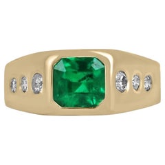 1.91ct 18K AAA Asscher Colombian Emerald & Round Diamond 7 Stone Unisex Gold Rin